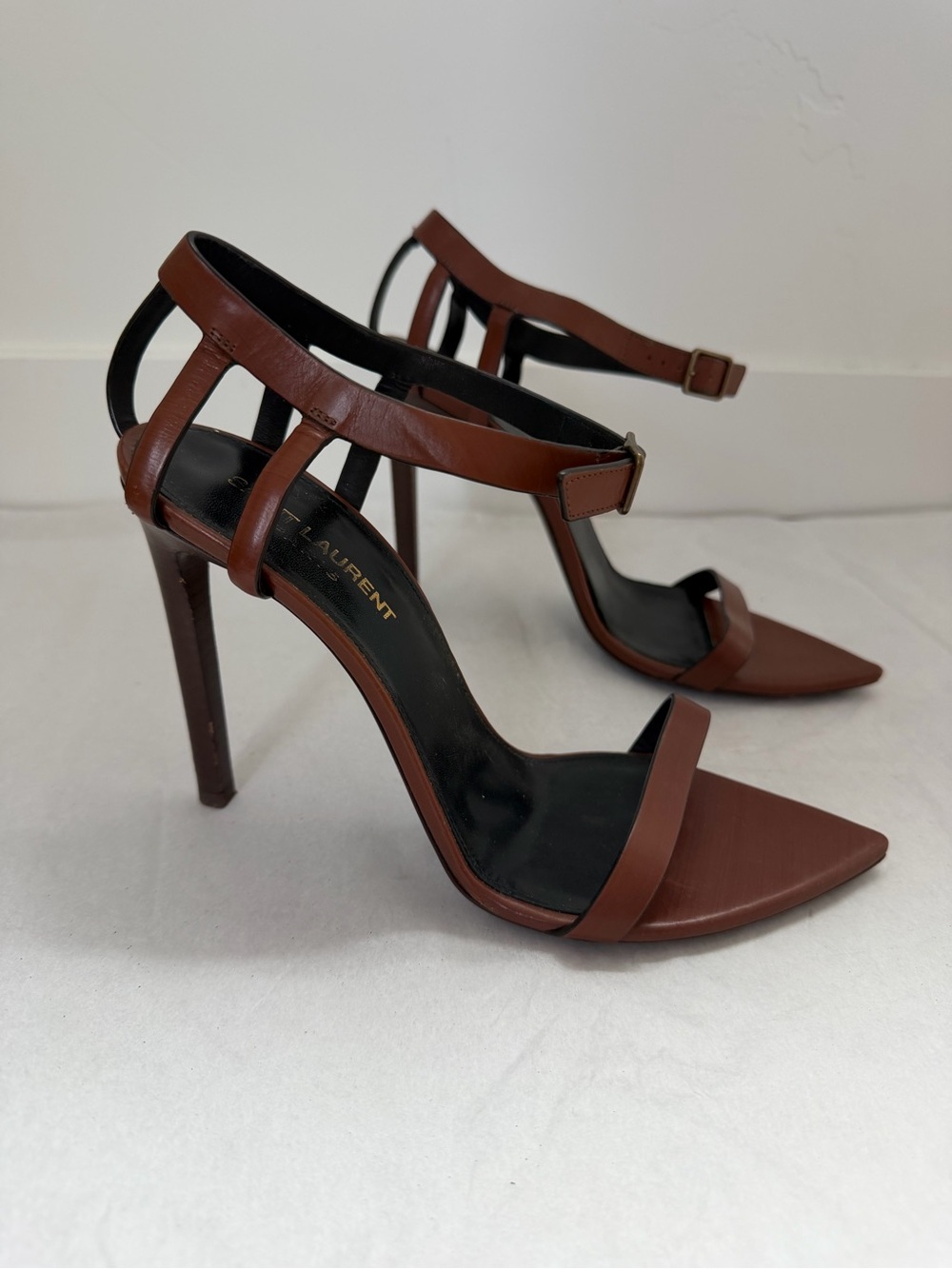 Saint Laurent Brown Leather Ankle-Strap Stiletto Sandals Size 38.5